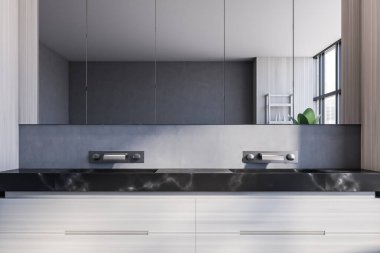 Gri duvarları ve büyük aynası olan şık bir banyoda duran çift lavaboyu kapatın. İç tasarım kavramı. 3d oluşturma