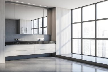 Beyaz duvarları, beton zemini ve aynalı çift lavabosu olan şık panoramik banyonun köşesi. 3d oluşturma