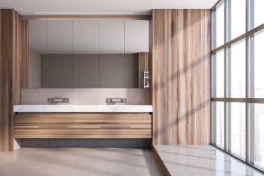 Ahşap duvarları, beton zemini ve aynalı çift lavabosu olan şık panoramik banyonun içi. 3d oluşturma