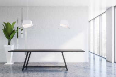 Beyaz duvarları, beton zemini ve resepsiyonu olan şık bir ofis. İç tasarım kavramı. 3d oluşturma