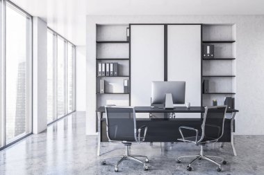 Beyaz duvarları, beton zemini ve bilgisayar masası olan şık bir CEO ofisi. Liderlik kavramı. 3d oluşturma