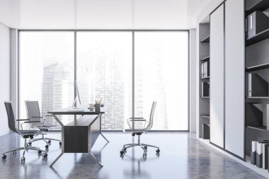 Beyaz duvarları, beton zemini ve bilgisayar masası olan şık CEO ofisinin yan görüntüsü. Liderlik kavramı. 3d oluşturma
