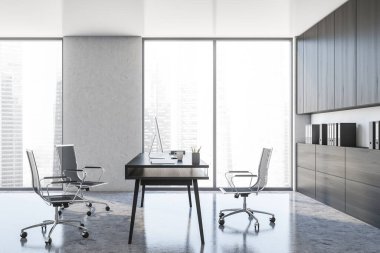 Beyaz duvarları, beton zemini, tahta dolapları ve bilgisayar masası olan şık CEO ofisinin yan görüntüsü. Liderlik kavramı. 3d oluşturma