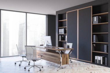 Gri duvarları, ahşap zemini ve bilgisayar masası olan şık CEO ofisinin köşesi. Liderlik kavramı. 3d oluşturma
