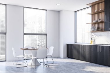 Beyaz duvarları, beton zemini ve lavabo ve fırında yapılmış siyah dolapları olan şık bir mutfağın köşesi. Sandalyeli yemek masası. 3d oluşturma