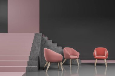 Gri ve pembe duvarları, beton zemini, pembe koltukları ve merdivenleri olan minimalist oturma odasının içi. 3d oluşturma