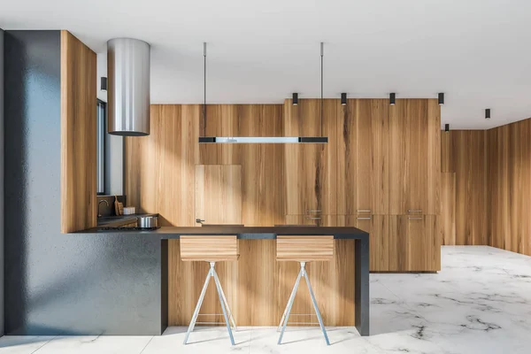 现代化厨房的内部 有灰色和木制墙壁 大理石地板和有凳子的酒吧 3D渲染 — 图库照片