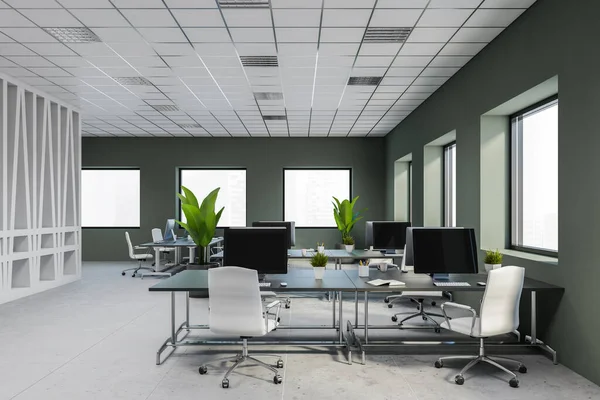 Interior Elegante Oficina Espacio Abierto Con Paredes Blancas Grises Piso — Foto de Stock