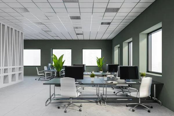 Interno Elegante Ufficio Open Space Con Pareti Bianche Grigie Pavimento — Foto Stock