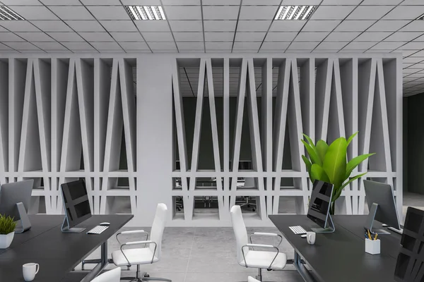 白とグレーの壁 白い床とコンピュータテーブルの行を持つスタイリッシュなオープンスペースオフィスのサイドビュー 3Dレンダリング — ストック写真