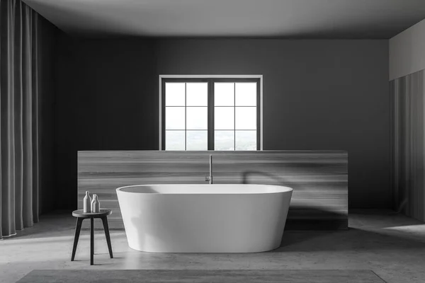 Interior Casa Banho Elegante Com Paredes Cinza Madeira Piso Concreto — Fotografia de Stock