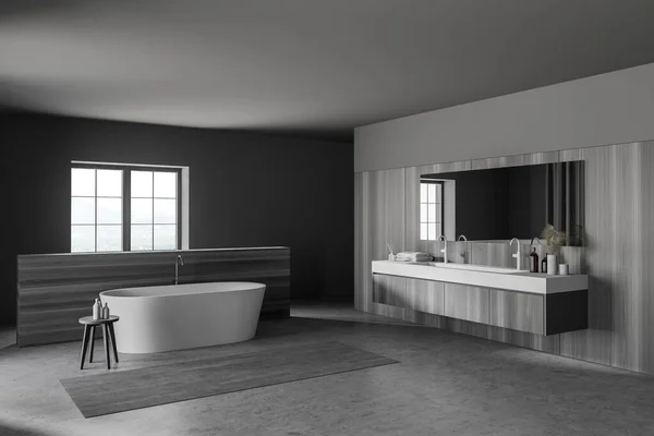 Angolo Elegante Bagno Con Pareti Grigie Legno Pavimento Cemento Comoda — Foto Stock