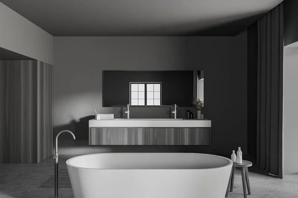 带有灰色和木制墙壁的时尚浴室 混凝土地面 舒适的浴缸和带有镜子的双水池的前视图 3D渲染 — 图库照片