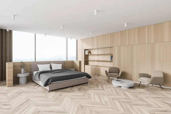 有木制墙壁和地板的时髦主卧室角落 舒适的大尺寸床和靠近咖啡桌的扶手椅 3D渲染 — 图库照片