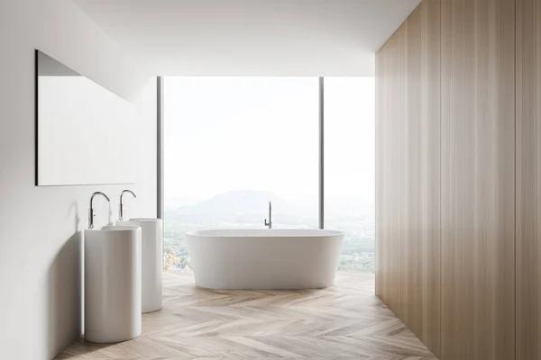 Vista Laterale Del Bagno Moderno Con Pareti Bianche Legno Pavimento — Foto Stock