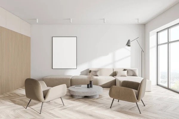 Interieur Van Minimalistische Woonkamer Met Witte Houten Muren Vloer Beige — Stockfoto