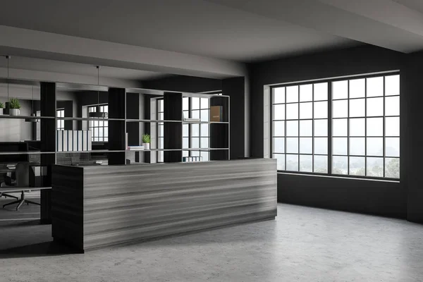 Corner Stylish Office Gray Walls Concrete Floor Wooden Reception Desk — Stock Photo, Image
