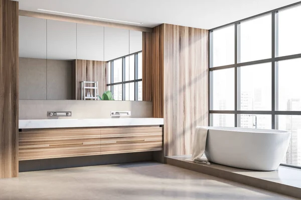 Esquina Elegante Baño Panorámico Con Paredes Madera Suelo Hormigón Cómoda —  Fotos de Stock