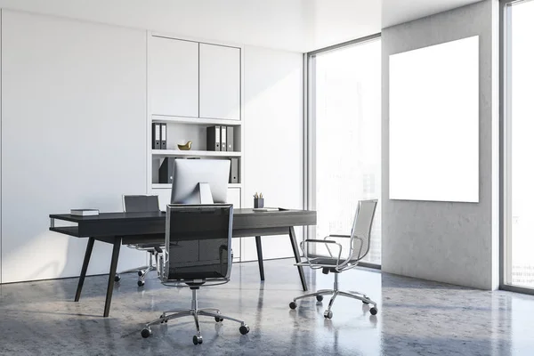 Corner of minimalistic CEO office with white walls, concrete floor and computer table. Vertical mock up poster. 3d rendering