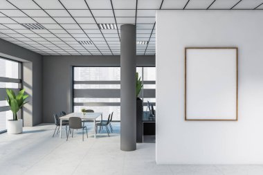 Modern ofis bekleme odasının içinde gri duvarlar, beton zemin ve sehpaların yanında duran rahat beyaz sandalyeler. Dikey maket posteri. 3d oluşturma