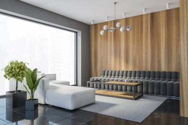 Beyaz ve gri duvarları, siyah mermer zemini, beyaz ve gri kanepeleri ve kahve masası olan şık bir oturma odası. 3d oluşturma