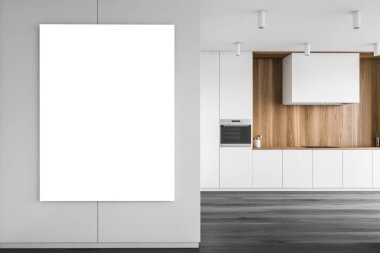 Beyaz ve ahşap duvarları, ahşap zemini ve siyah ahşap dolapları olan şık bir mutfak. Dikey maket posteri. 3d oluşturma