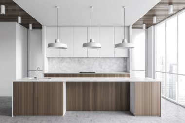 Beyaz duvarları, beton zemini ve üzerinde lambalar olan ahşap barı olan modern mutfağın içi. 3d oluşturma