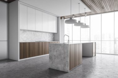 Modern mutfağın köşesinde beyaz duvarlar, beton zemin ve üzerinde lambalar olan ahşap bar. 3d oluşturma