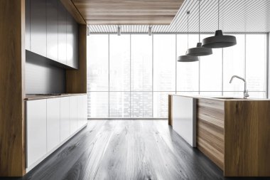 Gri duvarlı şık mutfak manzarası, ahşap zemin ve üzerinde lambalar olan beyaz bar. 3d oluşturma