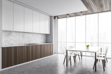 Beyaz duvarları, beton zemini, beyaz ve ahşap dolapları olan modern mutfağın köşesi. Sandalyeli kare yemek masası. 3d oluşturma