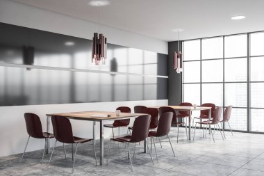 Gri ve cam duvarlı modern ofis toplantı odasının köşesi beton zemin ve siyah sandalyeli uzun konferans masası. 3d oluşturma