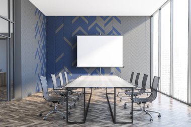 Mavi ve gri duvarları, ahşap zemini ve uzun konferans masası olan şık ofis toplantı odasının içi. Sunum ekranını hazırla. 3d oluşturma