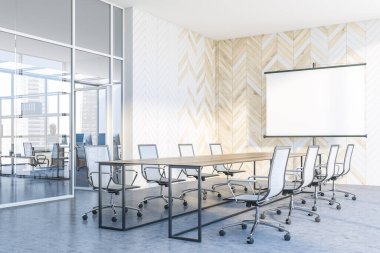 Beyaz ve ahşap duvarları, beton zemini ve uzun konferans masası olan modern ofis toplantı odasının köşesi. Sunum ekranını hazırla. 3d oluşturma