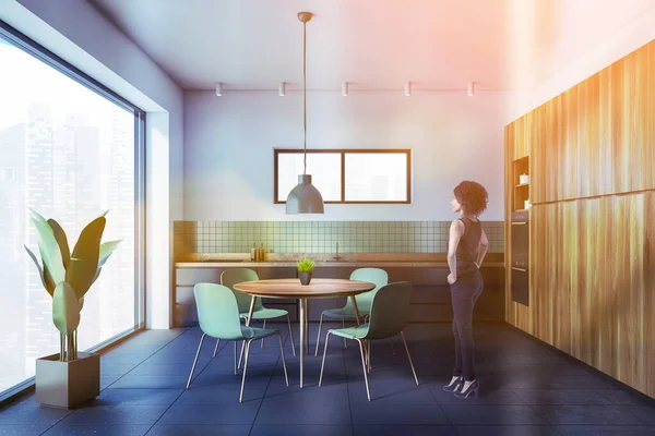 Beautiful Young African American Woman Standing Modern Kitchen White Green — Stock Photo, Image