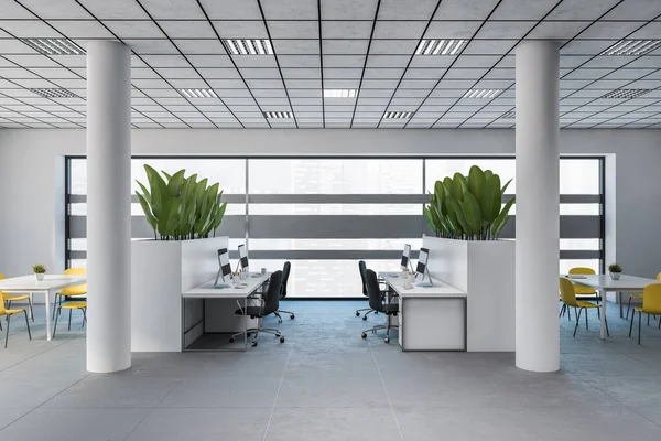 白い壁 コンクリートの床とコンピュータテーブルの行を持つオープンスペースオフィスのインテリア 3Dレンダリング — ストック写真