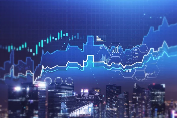 Vervagene Financiële Diagrammen Donkere Stadsgezichten Begrip Handel Investeringen Getinte Afbeelding — Stockfoto