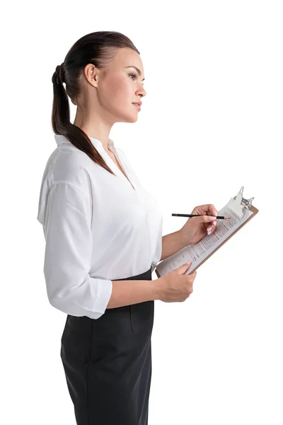 Isolated Side Portrait Serious Young European Businesswoman Standing Clipboard White — Stock Photo, Image