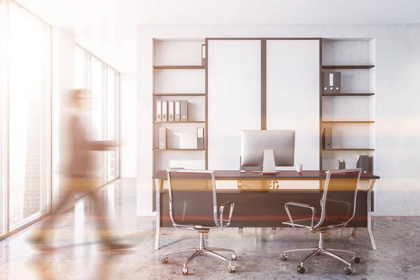Blurry Young Businessman Walking Modern Ceo Office White Walls Concrete — Stock Photo, Image