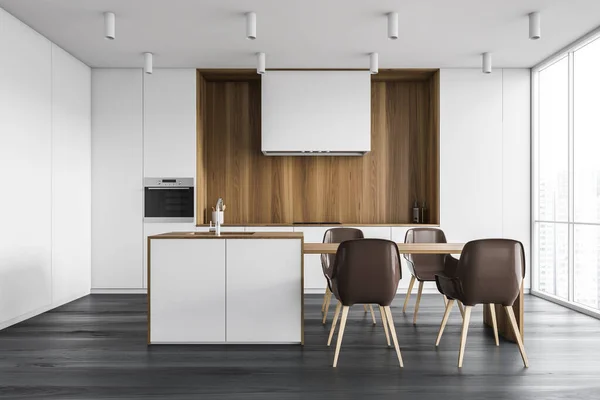 Interno Elegante Cucina Con Pareti Bianche Legno Pavimento Legno Bar — Foto Stock