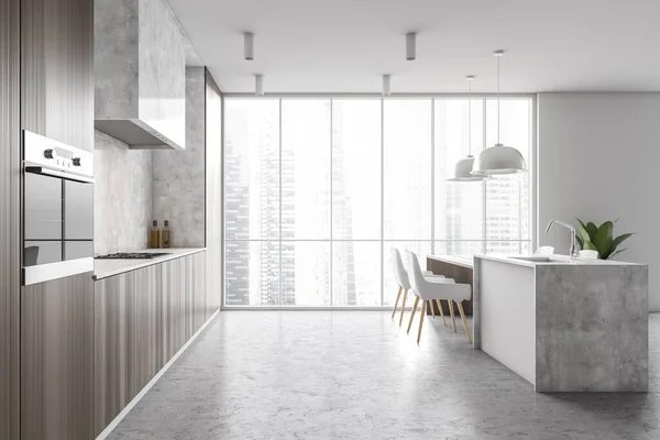 Seitenansicht Der Modernen Küche Mit Weißen Und Dunklen Holzwänden Betonboden — Stockfoto