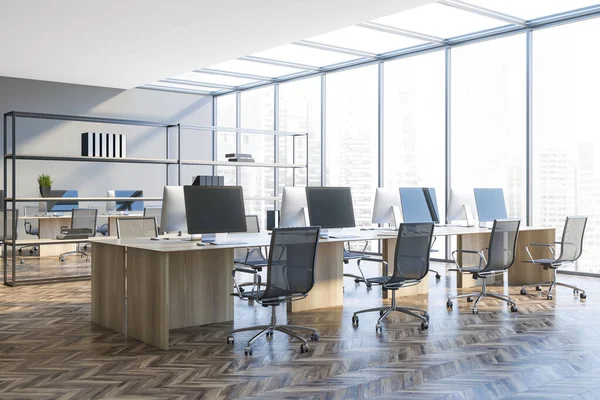 Corner Panoramic Open Space Office Gray Walls Wooden Floor Rows — Stock Photo, Image