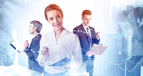 Portrait Three Business People Working Documents Blurry City Concept Teamwork — Stock Photo, Image