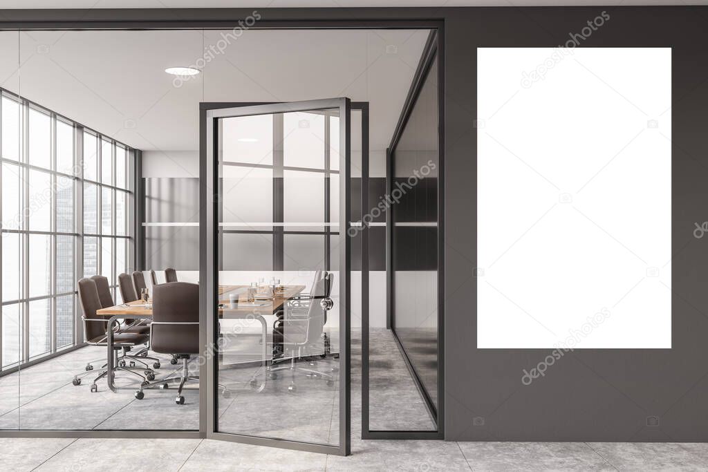 Interior of modern office meeting room with gray and glass walls, concrete floor and long conference table with black chairs. Mock up poster. 3d rendering