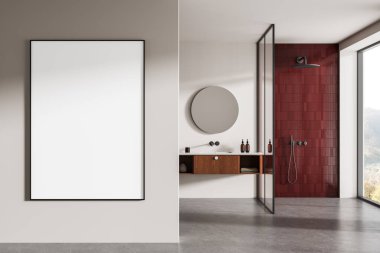 Çağdaş banyo içi, bej duvarında boş poster, kırmızı fayanslı duş, yüzen kibir ve minimalist 3D oluşturma kavramında geniş pencere