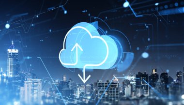 Çevrimiçi veri depolama ve transfer kavramını gösteren, dijital devre elemanlarıyla dolu bir gece boyunca parlayan bulut yükleme ve indirme sembolü