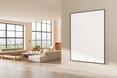 Duvarında poster maketi olan modern oturma odası, minimalist stil, büyük pencerelerden şehir manzaralı parlak iç mekan, ev tasarımı konsepti. 3B Hazırlama