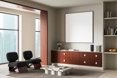 Çağdaş oturma odası, parlak mobilyalar, ahşap aksanlar ve tarafsız bir arkaplanda boş bir duvar posteri. Modern tasarım kavramı. 3B Hazırlama