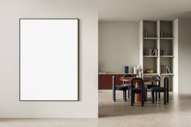 Minimalist yemek odası, bej duvarında büyük bir poster modeli, modern mobilyalar, kitaplık ve nötr tonlar. 3B Hazırlama