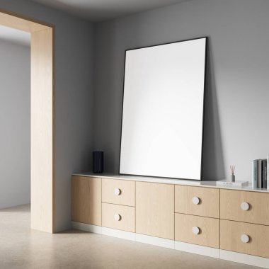 Işıklı ahşap dolabın üstündeki duvara yaslanmış büyük boş poster modeli, minimal stil, tarafsız iç plan. Ev tasarımı kavramı. 3B Hazırlama