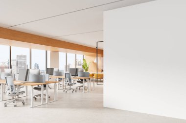 Poster modeli, modern mobilya, şehir silueti manzarası ve minimalist tarzı için boş beyaz duvarlı çağdaş ofis içi. 3B Hazırlama